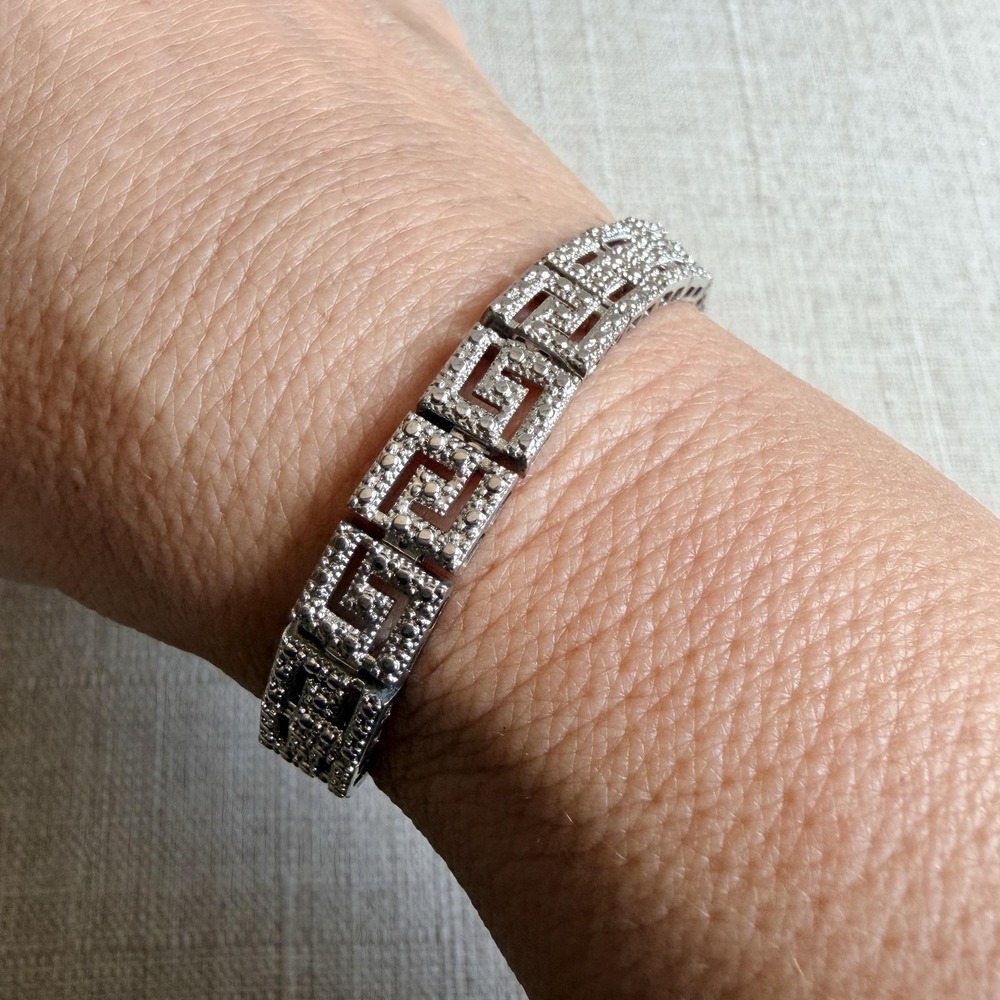 Silver Tone Greek Key Rhinestone Tennis Bracelet Womens 7.5 Inch Statement